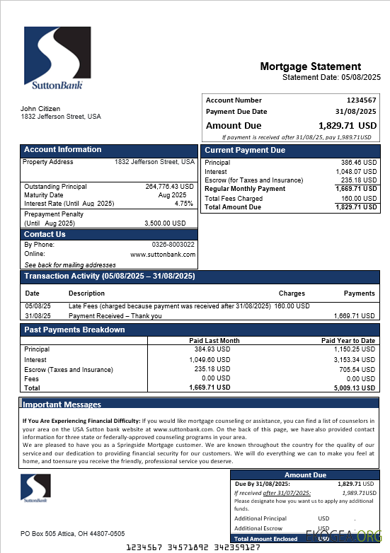 Relevé hypothécaire de la banque USA Sutton aux formats Word et PDF template Relevé hypothécaire de la banque USA Sutton aux formats Word et PDF template